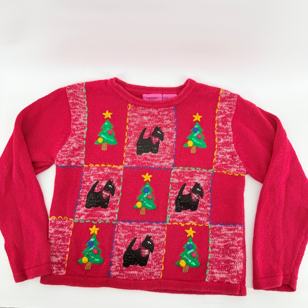 Airport Girls Kids Red Scottie Dog Christmas Tree Ugly Sweater Large L